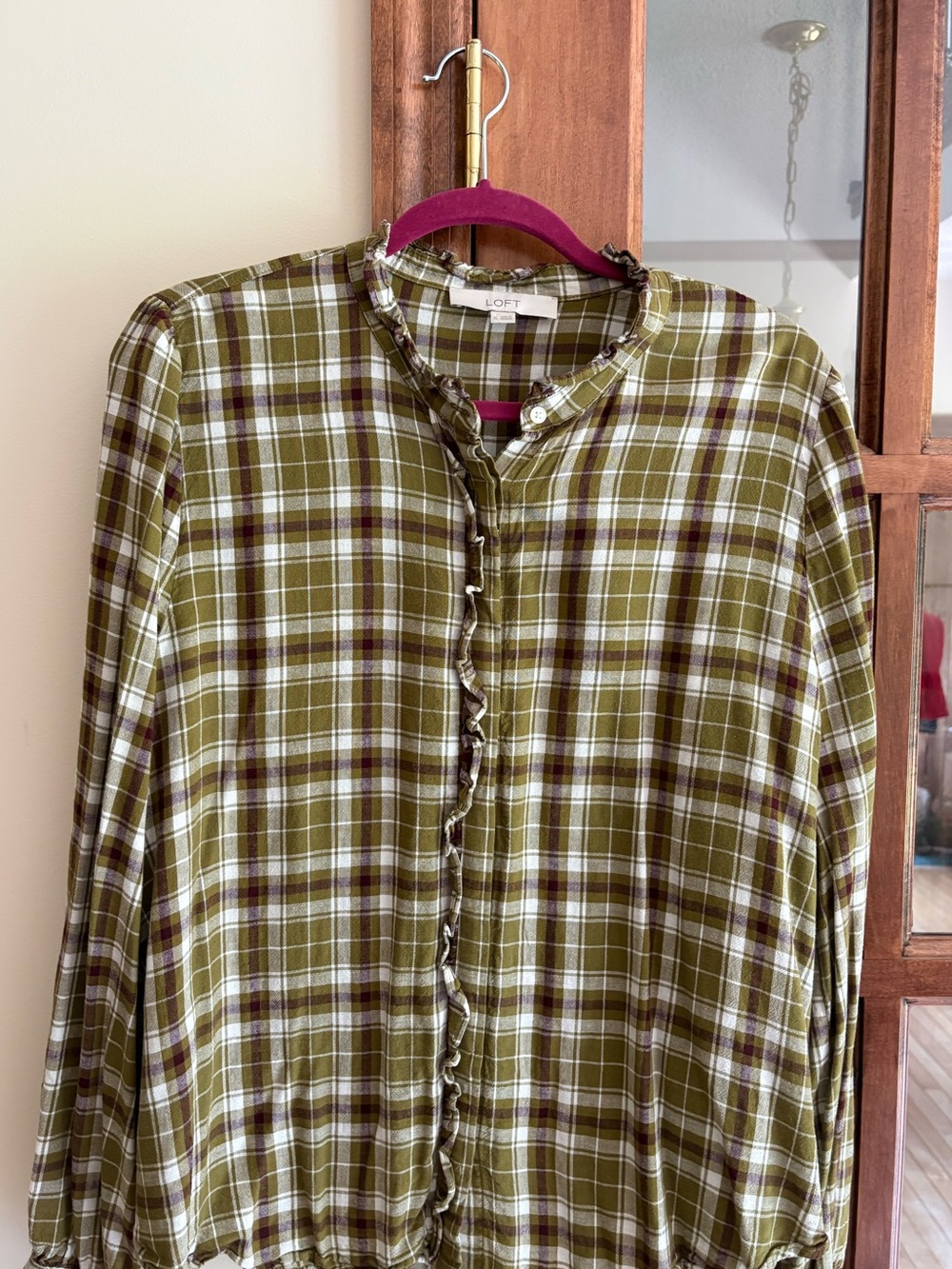 Ann Taylor LOFT Plaid Ruffle Linen-Blend Button-Up Blouse size XL